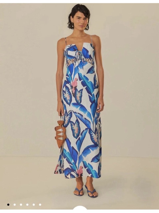 FARM Rio Dresses & Skirts - Women's Farm Rio Dress S Linen Anthropologie New Blue White Midi Floral Tropical